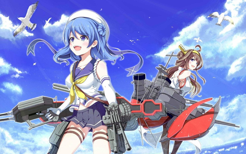 low angle view, festival, sky, day, outdoors, male likeness, blue, women, robot, excitement, Kongou (KanColle), Kantai Collection, creativity, Urakaze (KanColle)