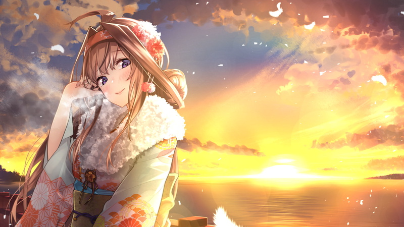 sky, anime, brunette, Kantai Collection, anime girls, Kongou (KanColle), sunlight, 1080P