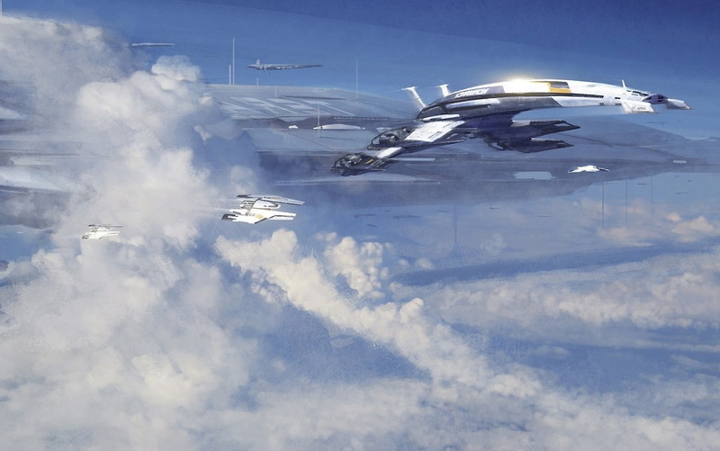 military, navy, mid-air, day, sky, aerial view, airplane, on the move, mass effect 2 normandy sr 2, military airplane, air vehicle, plane, fighter plane