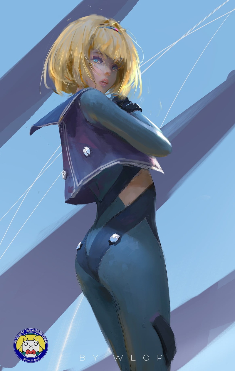 WLOP, girls, waist up, yellow, one person, uniform, child, Heavy Object, female, childhood, digital, hairstyle, blond hair, day, sky, hair, portrait, art
