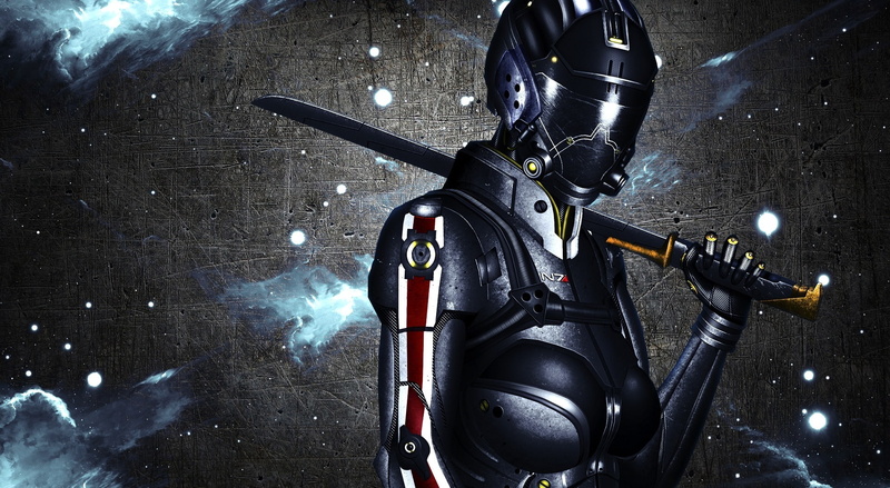 metal, aggression, armor, black color, violence, Games, biotic, Power, technology, man made, shadow, machinery, indoors, n7 shadow, gun, sword, military