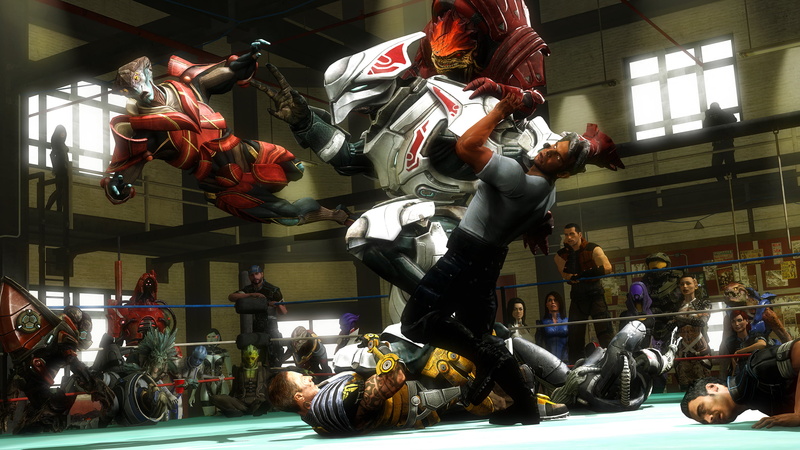 fan art, motion, halo, sculpture, indoors, real people, tali zorah, helmet, competitive Sport, men, action, mass effect, muscular Build, people, conflict