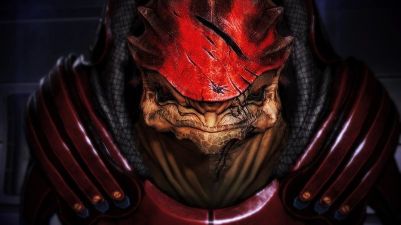 human representation, focus on foreground, disguise, art and craft, front view, red, people, indoors, black color, mask, statue, mass effect mass effect 2 mass effect 3 urdnot wrex krogan
