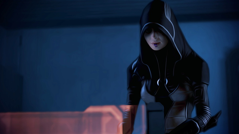 1080P, indoors, clothing, waist up, Kasumi Goto, communication, serious, front view, Mass Effect 3, illuminated, contemplation, Mass Effect, real people