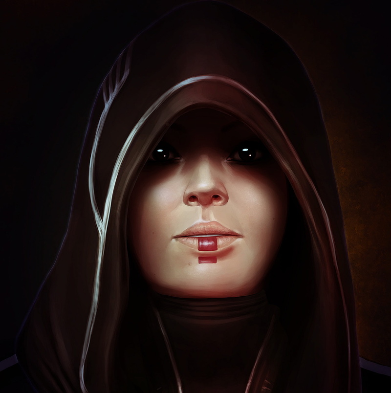 clothing, indoors, one person, art, human face, dark, front view, portrait, mass effect, hood - clothing, beautiful woman, close-up, young adult, fan, beauty