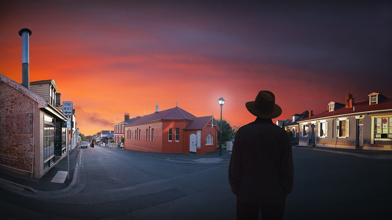 rear view, one person, dusk, town, men, 1080P, black, neck, people, cloud - sky, nature, sky, standing, transportation, adult, hat, building, shirt, city