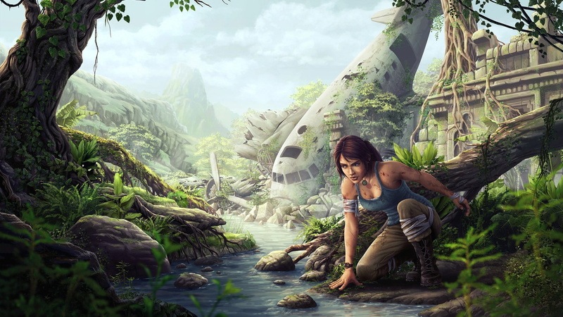 casual clothing, 1080P, tree, video games, young adult, video game characters, mountain, video game girls, full length, sitting, day, artwork, Lara Croft