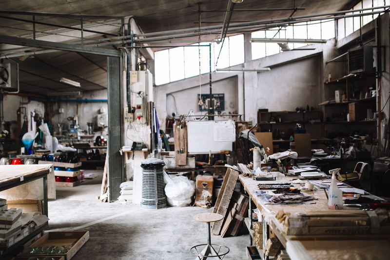 large group of objects, handmade, day, workshop, indoors, no people, industry, Venini, glassworks, Italy, glass factory, business, glass, art and craft
