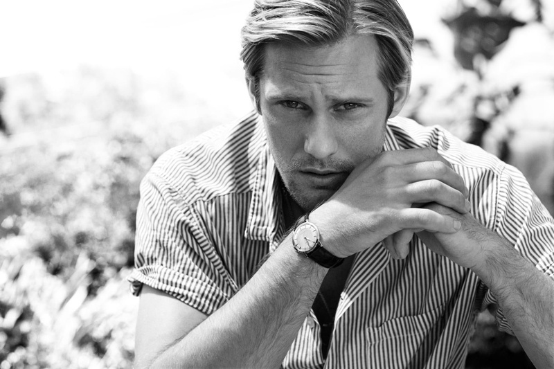 leather, dress, stripe, grayscale, alexander, round, strap, alexander skarsgard, watch, white, skarsgard, 720P, actor, face, bw, man, analog, black, shirt