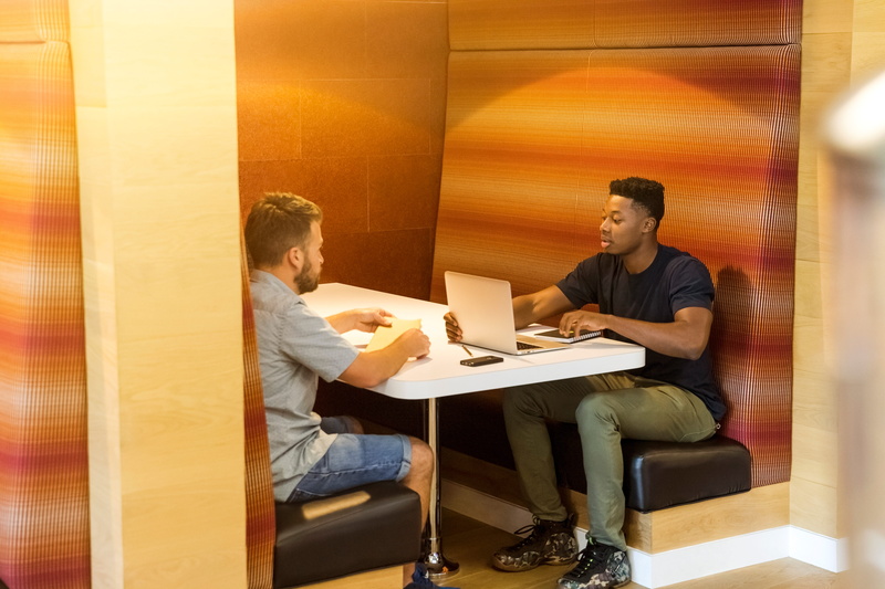 wooden, gray, diverse, top, african american, business, men, white, mid adult, young adult, desk, colleagues, sales pro, table, computer, bench, sitting