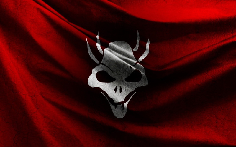 celebration, studio shot, indoors, close-up, spooky, 720P, red, still life, EVE Online, no people, flag, Blood Raiders, human skeleton, single object