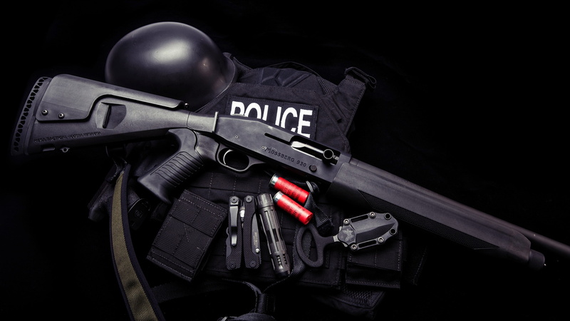 uniform, Mossberg 930, Ammunition, police, knife, background, black, tactical, vest, 4K, shotgun, shells