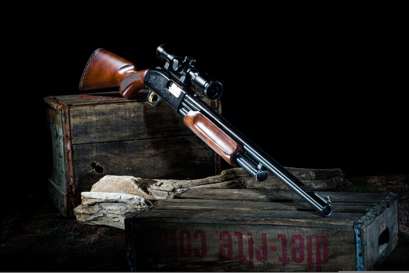 brown, Mossberg 500, the gun, studio shot, 5K, black, boxes, weapons, sign, optics, publication, weapon, security, communication, ammunition, black background