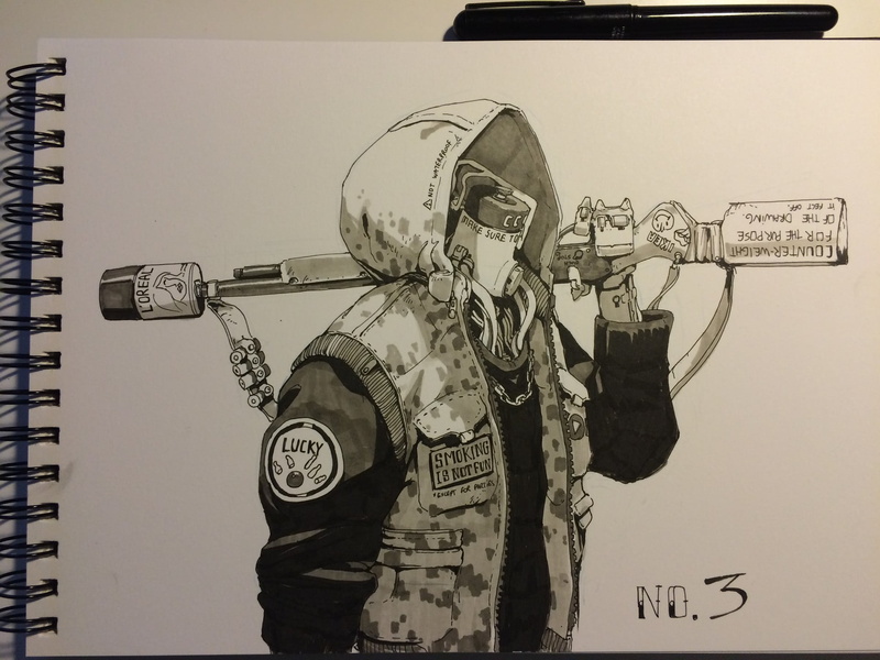 shotgun, pens, Wouter Gort, drawing, futuristic armor, 1080P, robot, futuristic, artwork, military, gun, notebooks