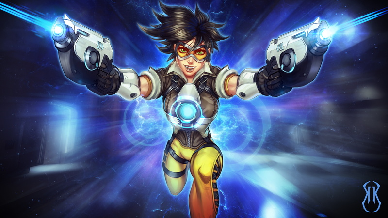 clothing, male, digital, holding, Fan Art, 4K, two, guns, character, Overwatch, 4K, Tracer