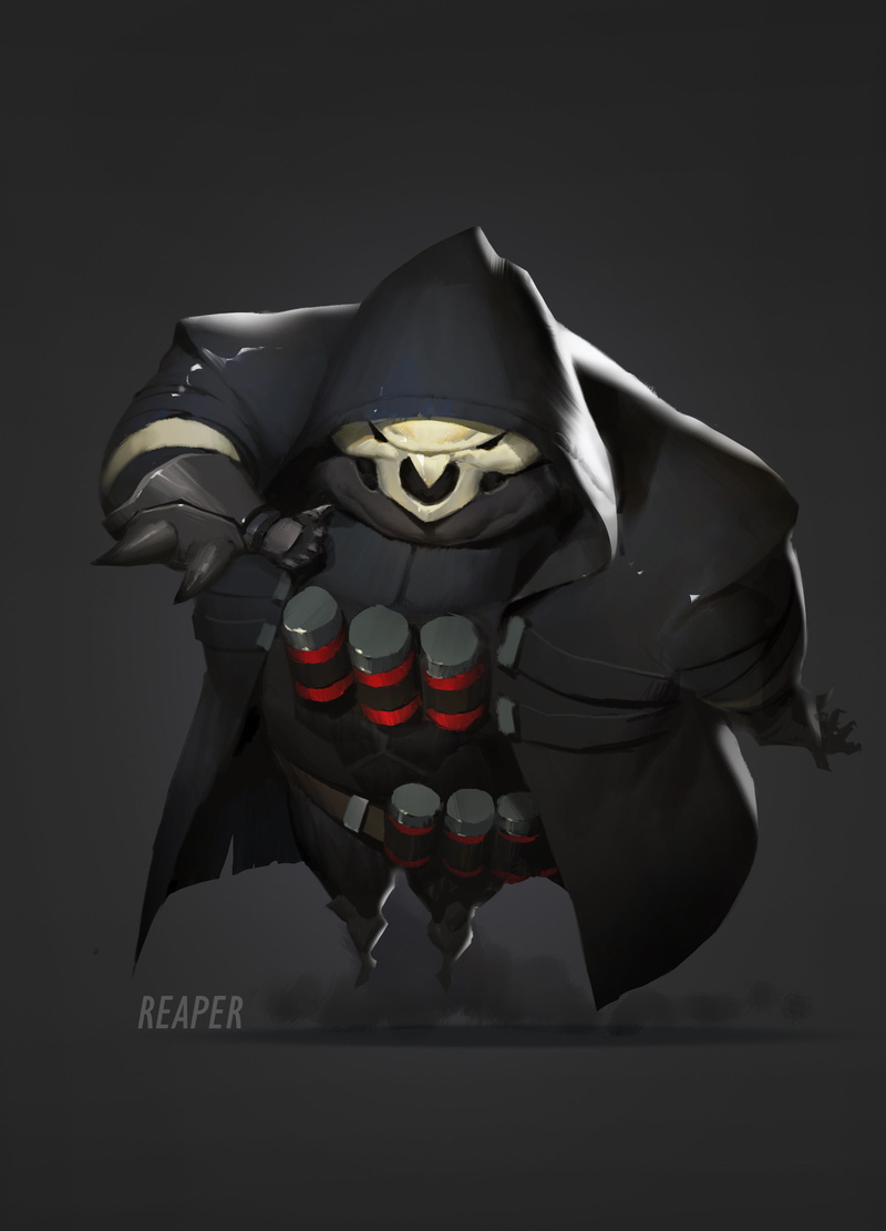 fear, chubby, black color, indoors, costume, studio shot, horror, full length, mask - disguise, representation, gray, Overwatch, mystery, Meijun Chen, Reaper (Overwatch)