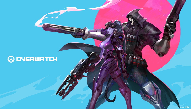 Reaper (Overwatch), sniper rifle, computer, 1080P, Overwatch, Widowmaker (Overwatch), white, video games, Blizzard Entertainment, blue, skeleton, shotgun