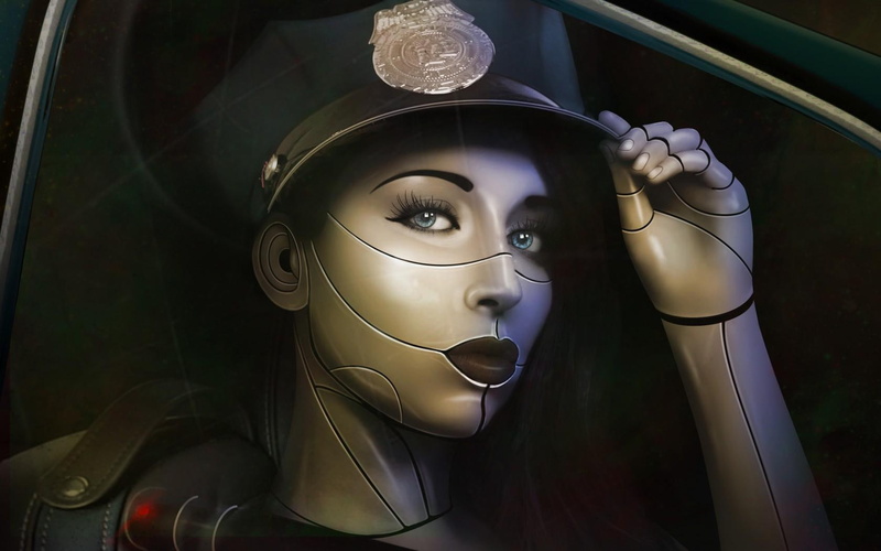 720P, black, fantasy, woman, girl, green, police, face, white, cyborg
