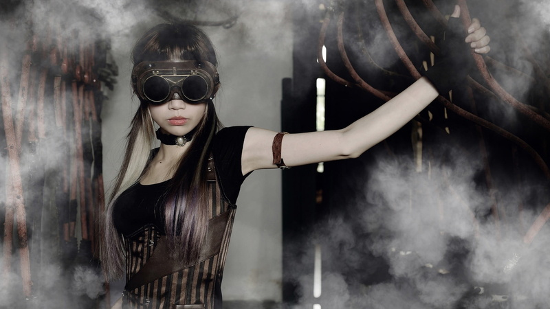 hair, clothing, women, young women, Asian, looking at camera, long hair, model, hairstyle, indoors, waist up, smoke - physical structure, black color, front view