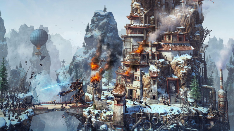 castle, tower, village, 4K, fantasy art, ninja, steampunk, phantom, robot, fantasy world, balloon
