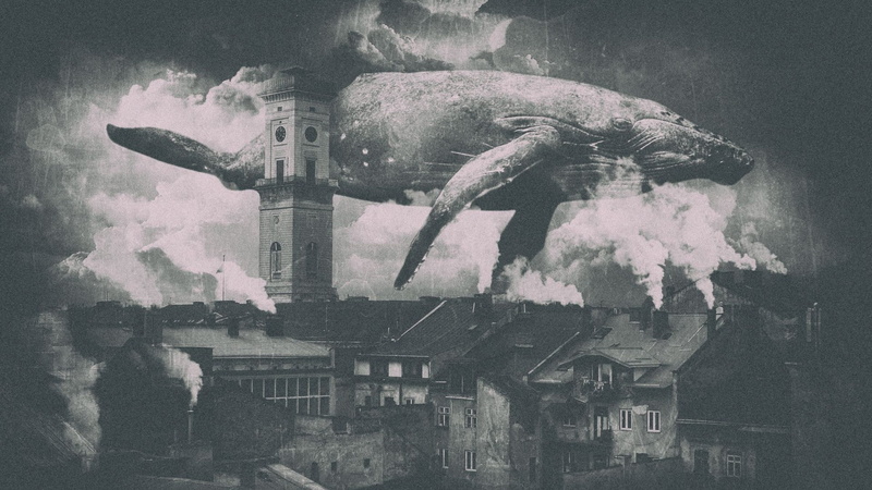monochrome, smoke, flying, steampunk, city, Lviv, 1080P, whale