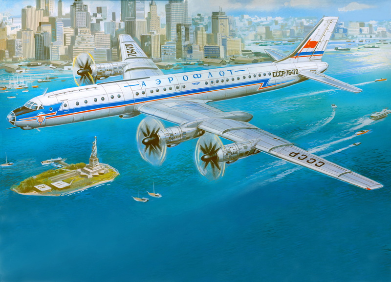 air vehicle, water, cityscape, USSR, swimming pool, digital, sky, aviation, travel destinations, financial district, architecture, turquoise colored, Tu-114
