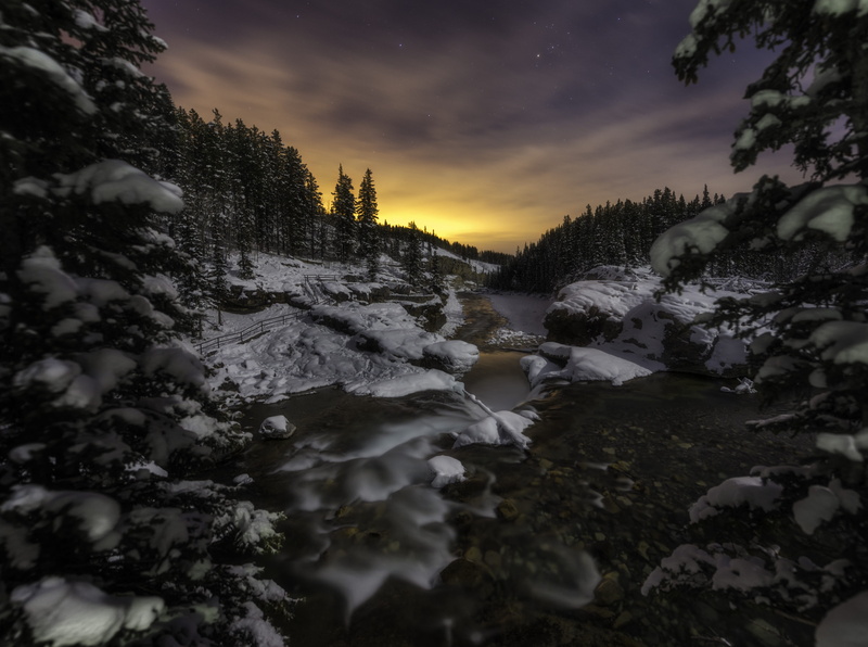 dark, body, cloud - sky, outdoors, stream, cones, snow, sky, waterfall, photography, plant, scenics - nature, river, winter, pine, sunset, selective, non-urban scene