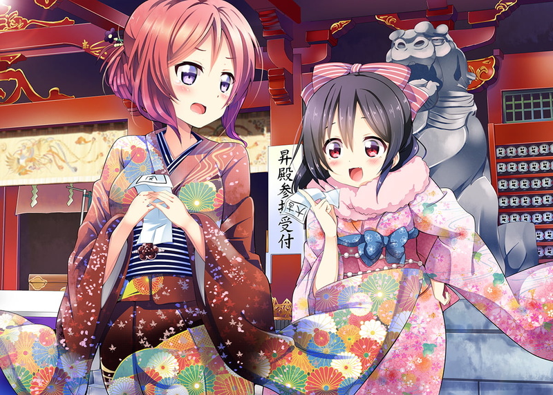 kimono, Love Live!, childhood, people, pink, clothing, art and craft, females, holding, 480P, two, looking away, pink hair, brunette, anime girls, creativity