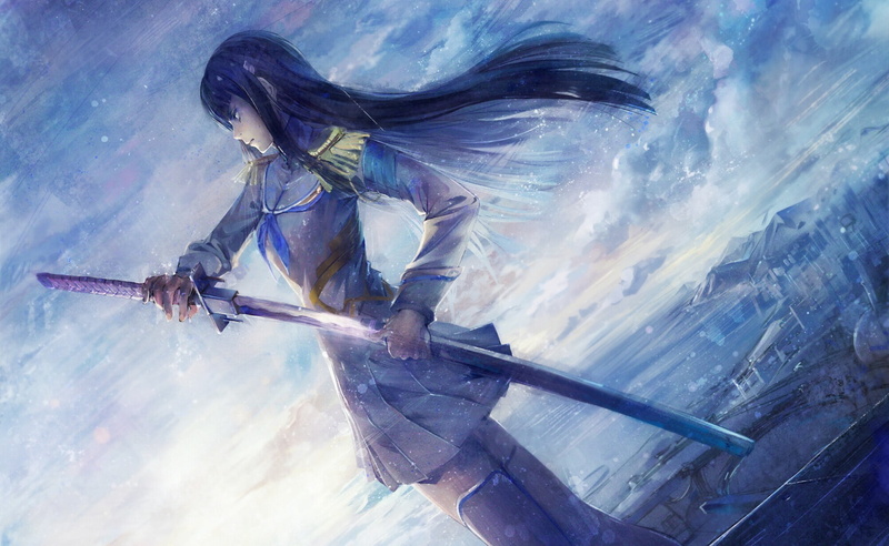 hairstyle, anime girls, transportation, Bakuzan, animal wing, motion, katana, environment, sword, illustration, anime, day, haired, sky, Kill la Kill, technology