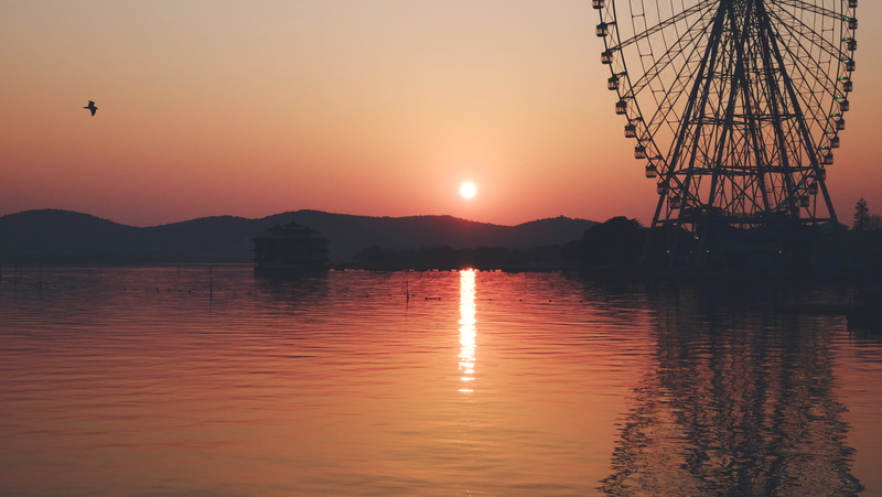 red sky, sun, tranquility, scenics - nature, animal, mountain, arts culture and entertainment, silhouette, ferris wheel, white, dusk, orange color, beauty in nature