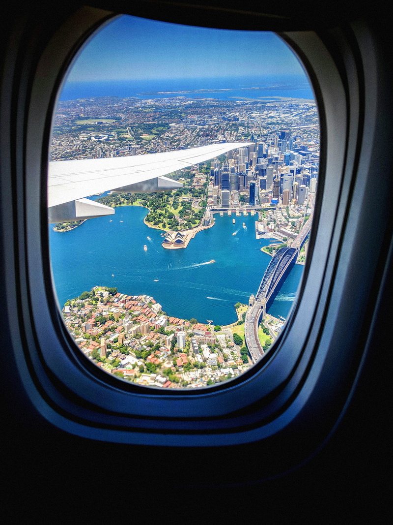 view, plane, mode of transportation, 4K, airplane, cityscape, transparent, hole, shutter, australia, landscape, shoreline, porthole, the opera house, outdoors