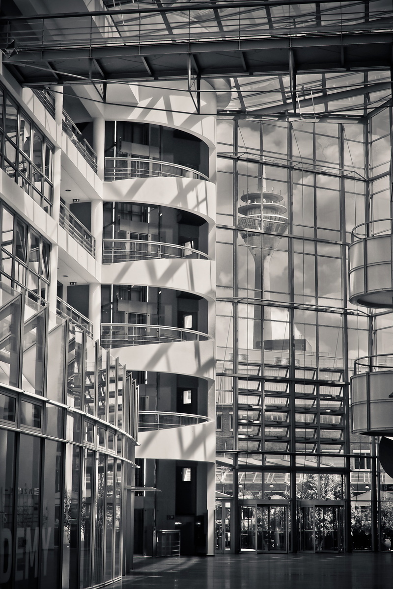 landmark, tv tower, no people, media harbour, sw, building exterior, interesting, reflection, interior, modern, office building, modern high rise building