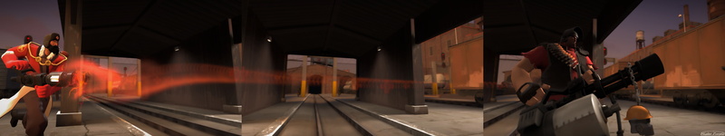 panoramic, 5K, real people, Heavy (TF2), Source Filmmaker, illuminated, motion, Team Fortress 2, architecture, Medic (TF2), video games, incidental people