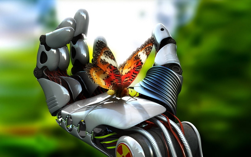 close-up, 1080P, digital art fantasy art robot hand butterfly 3d, outdoors, no people, feather, focus on foreground, nature, animal wildlife, plant, bird