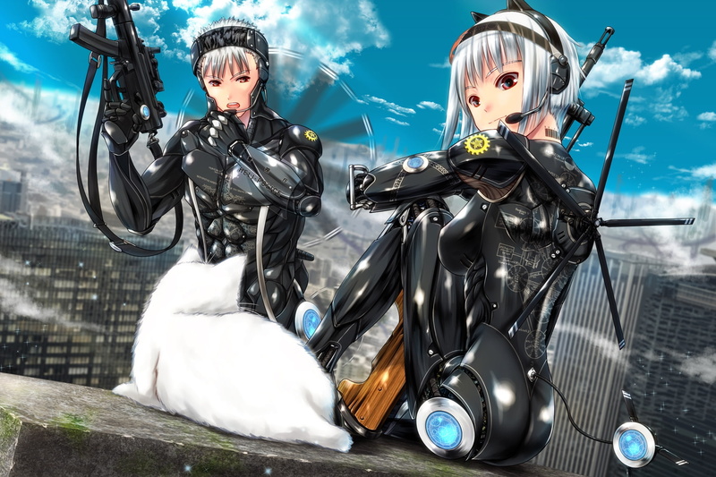 nature, Anime, women, clothing, adult, human representation, 1080P, sci-fi, cloud - sky, tech girl, sunlight, two people, outdoors, bodysuit, men, headphones