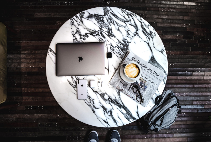 still life, united states, aesthetics, shape, technology, airpods, wood - material, white color, communication, coffee, directly above, headphones, indoors
