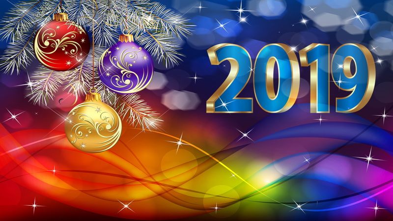 2019, 4K, The tank, 3 balls, spruce branch, Line, background, stars