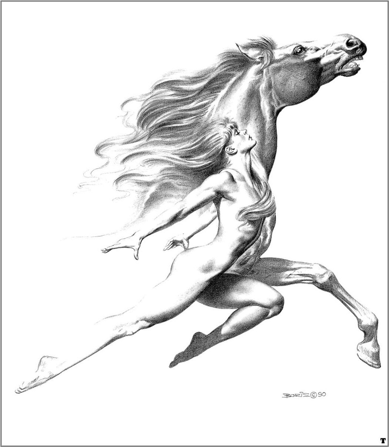 480P, animals, hd, drawings, boris, vallejo, art, horses, women, x, monochrome, greyscale