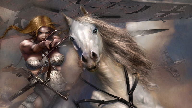 2K, attack, hd, white, girl, desktop, warrior, fantasy, horse, woman, art, armed