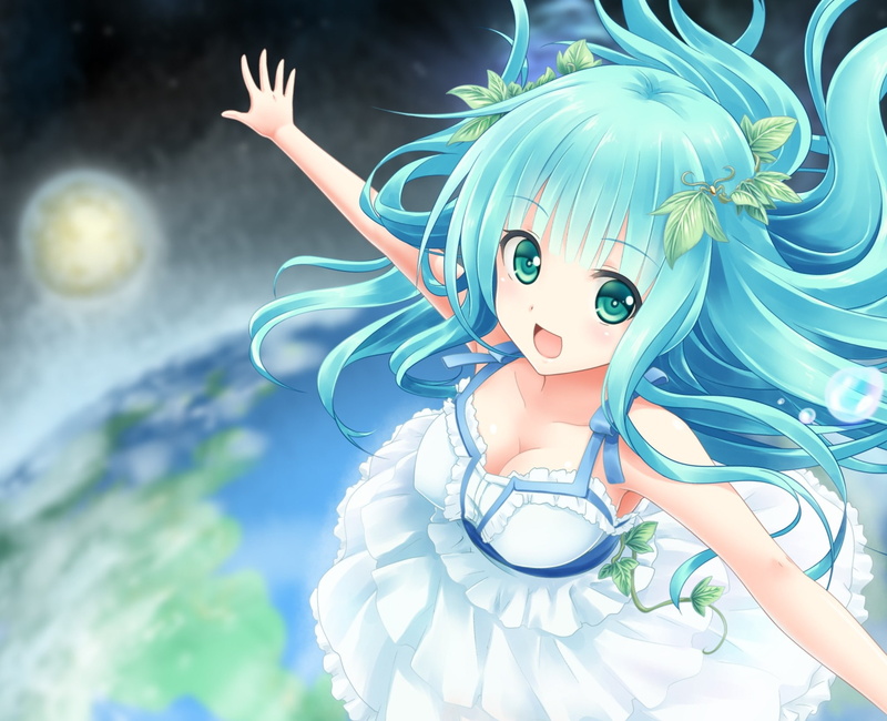 1080P, blue, space, leaves, white, valkyrie crusade, female, Earth, art, crusade, character, girl, valkyrie, planet, anime, dressed