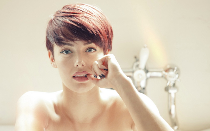 domestic bathroom, body care, women, bathroom, adult, human face, indoors, looking at camera, beauty, short hair, hygiene, hairstyle, front view, 2K, headshot
