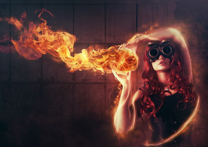 hairstyle, real people, women, sunglasses, beautiful woman, fire - natural phenomenon, dark, redhead, necklace, fashion, adult, burning, fire, 1080P, flame