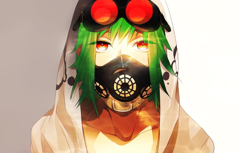 gas masks, anime, glowing eyes, green hair, Megpoid Gumi, anime girls, 720P, Vocaloid, goggles