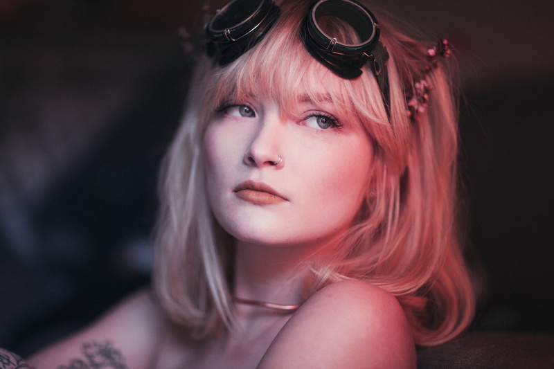 nose rings, adult, 1080P, women, one person, beautiful people, fashion, long hair, portrait, tattoo, blue eyes, hair, steampunk, goggles, close-up, blond hair