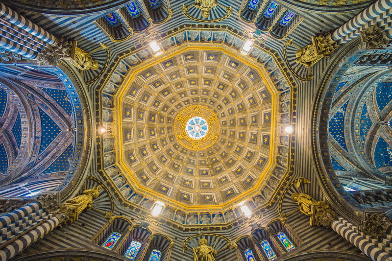 statue, building exterior, blue, cathedral, no people, directly below, gold, design, art and craft, low angle view, fresco, ornate, glass, window, belief