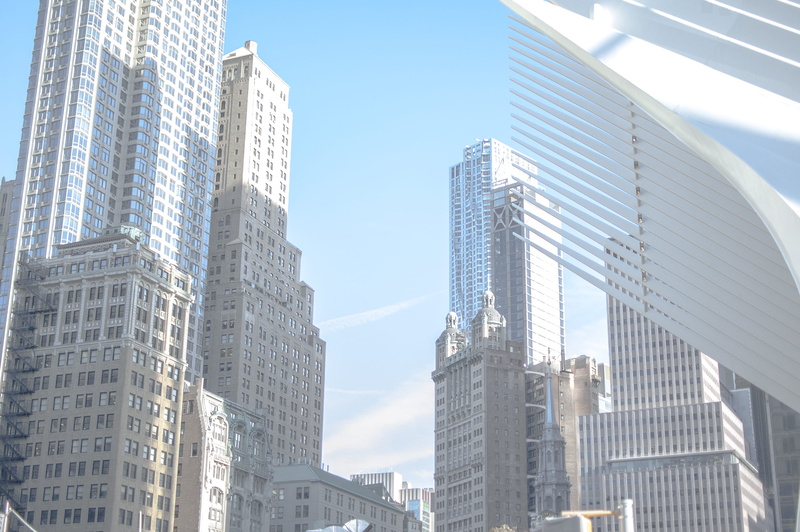 nyc, blue skies, tower, financial district, office building exterior, city, sky, united states, low angle view, one world trade center, office, glass - material