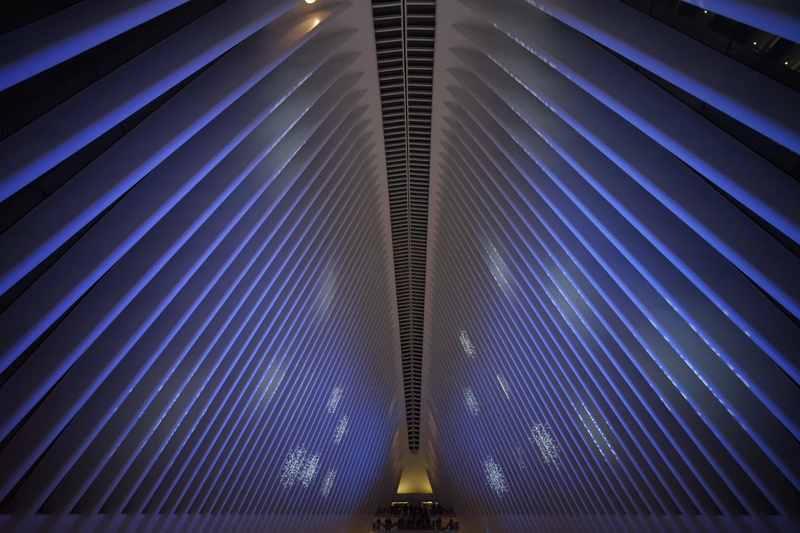 art, built structure, new york, light, bridge, flooring, metal, repetition, fractal, design, lighting, corridor, blue, low angle view, close-up, ceiling