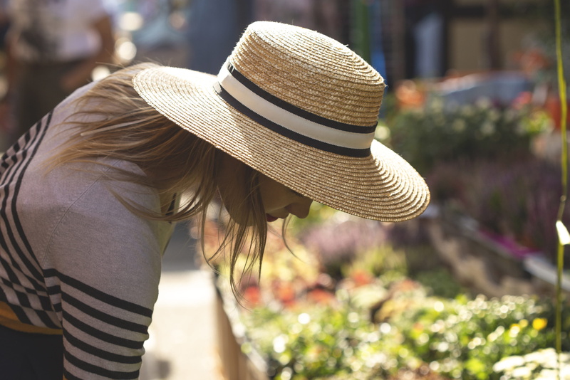 garden, flowering plant, summer, brown, adult, sunhat, sunlight, sun hat, plant, hat, straw hat, flowers, 4K, nature, day, cowboy hat, woman, market, female