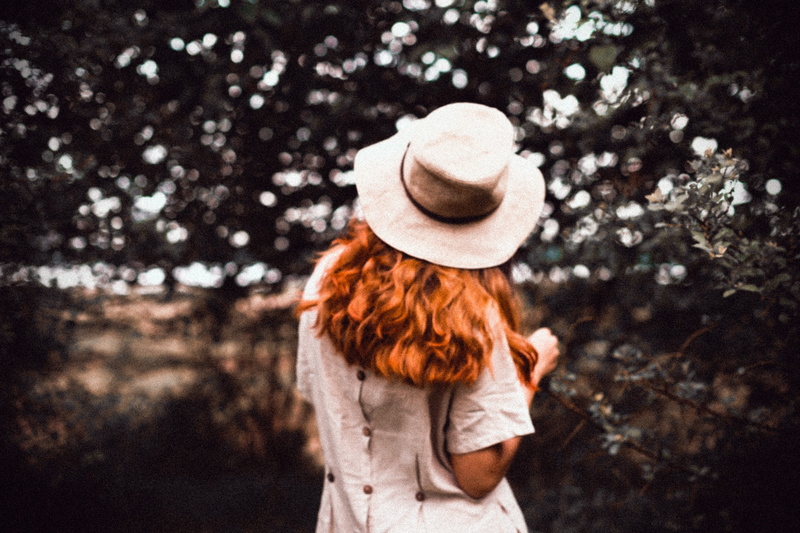 redhead, wearing, women, adult, top, rear view, day, nature, long hair, clothing, one person, brown hair, green, portrait, hat, warm clothing, standing
