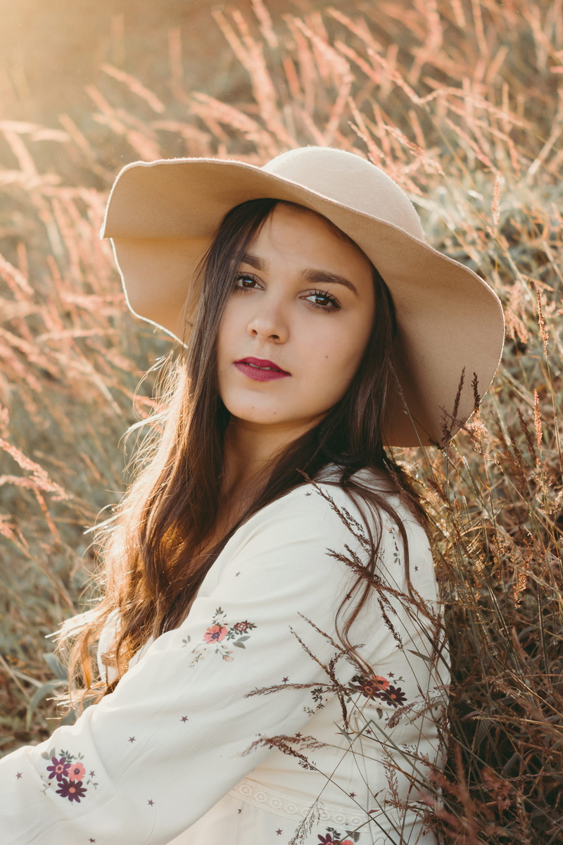 one person, surrounded, 4K, sun hat, land, real people, teenager, standing, front view, young adult, wearing, hairstyle, long hair, sunhat, portrait, outdoors